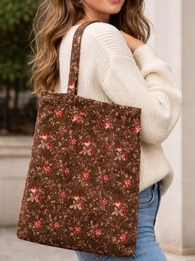 Old Navy/ Floral Brown Corduroy Tote Bag with Red Rose Print